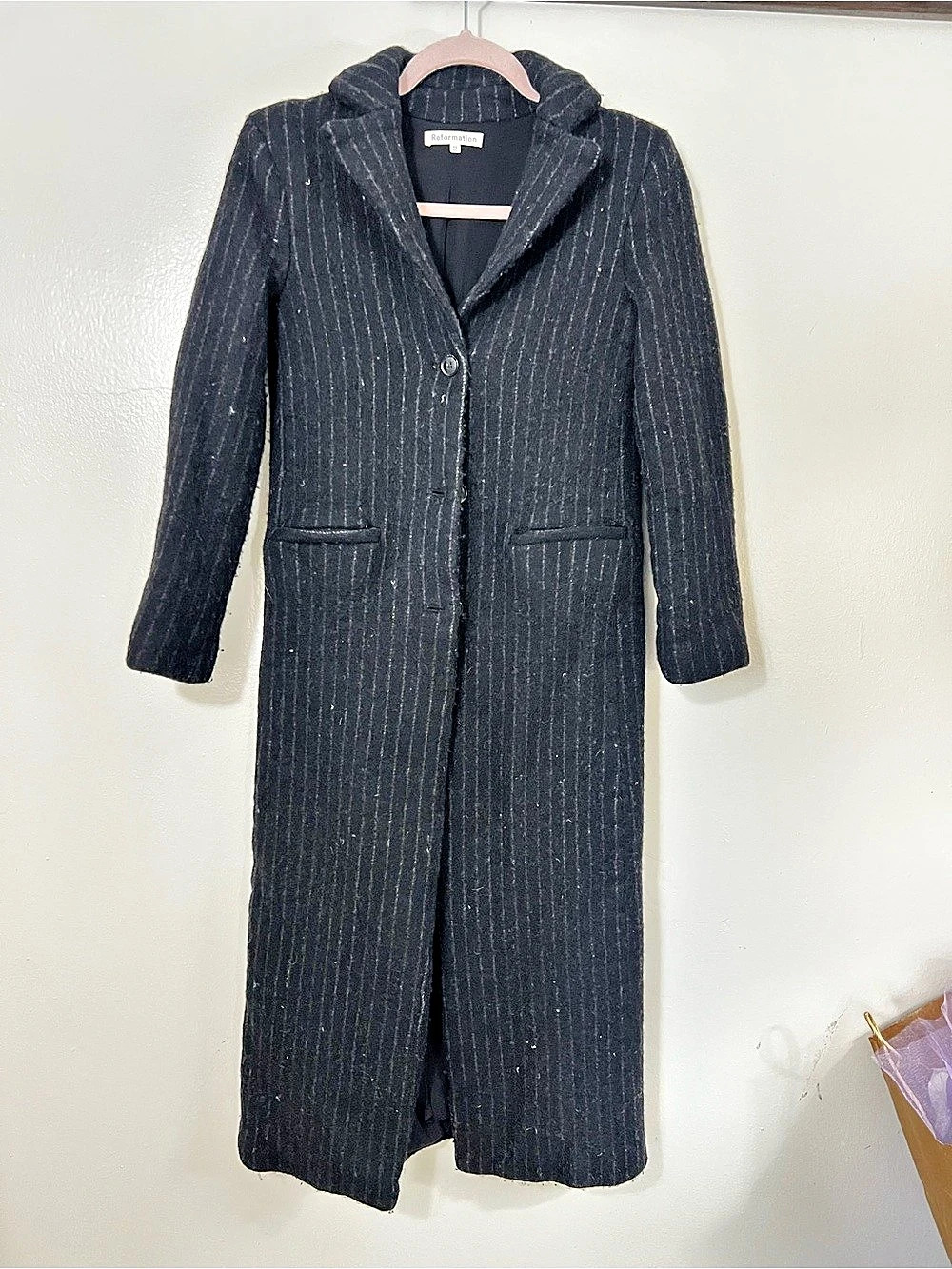 Reformation Wayne Pinstripe Long Wool Coat Black XS ****